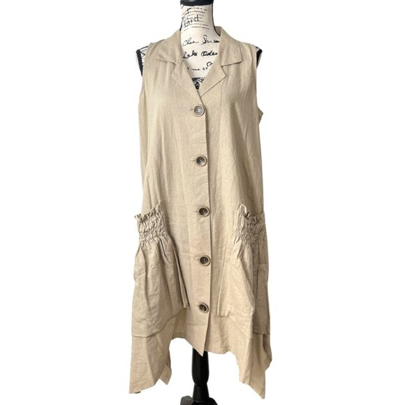 ForCynthia Sleeveless Shirt Dress Linen Blend Button-Up Smocked Pockets Size L - Picture 1 of 8